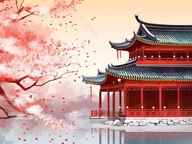 国风西湖大寒小雪时节盛开的梅花和古风房屋建筑倒映在平静的湖面上彩色的手绘插画,插画/手绘图,插画/手绘图库,插画/手绘图下载,插画/手绘